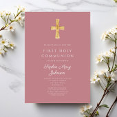 ピンクモダン宗教十字少女ファースト・コミュニオン 招待状