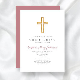 ピンクモダン宗教十字少女《キリスト教》洗礼式や命名式 招待状