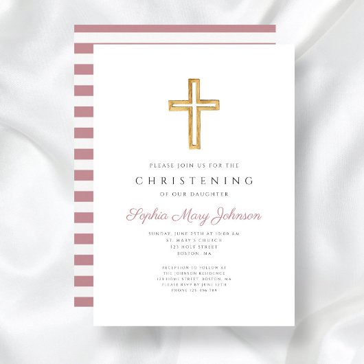 ピンクモダン宗教十字架《キリスト教》洗礼式や命名式 招待状