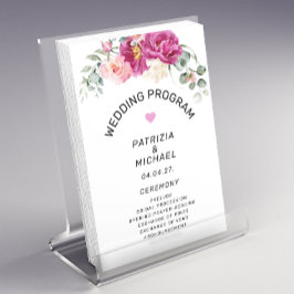 ピンクモダン明るい赤紫色フローラ結婚式 プログラム チラシ