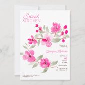 ピンクモダン桜フローラ水の色Sweet 16 招待状 (正面)
