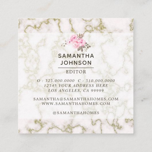 ピンクモダン水色フローラ大理石金ゴールド スクエア名刺 (裏面)