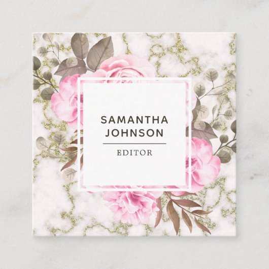 ピンクモダン水色フローラ大理石金ゴールド スクエア名刺 (正面)