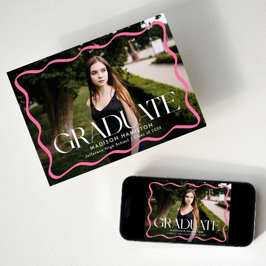 ピンクモダン波状枠卒業生2写真卒業 案内状