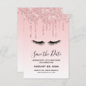 ピンクモダン液体グリッター&まつげ誕生日 セーブザデート (正面/裏面)