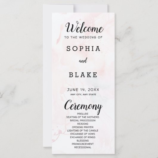 ピンクモダン淡い色のとブルーの大理石結婚式 プログラム (正面)