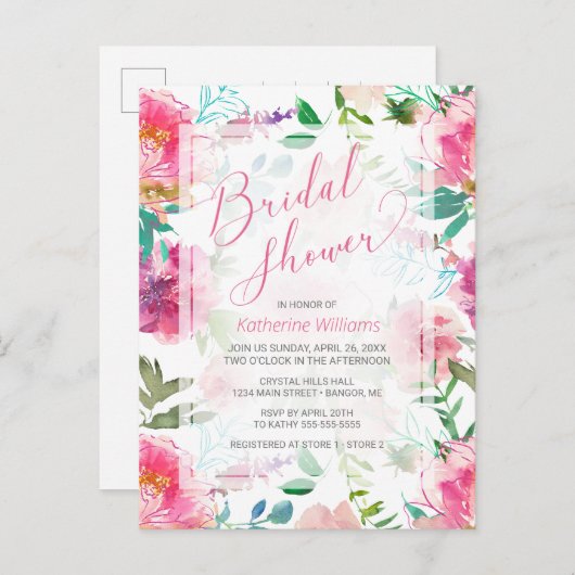 ピンクモダン牡丹ウォーター色フローラブライダルシャワー インビテーションポストカード (正面/裏面)