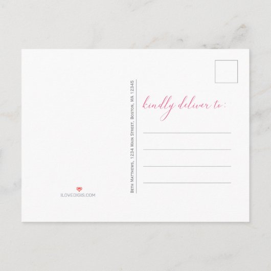 ピンクモダン牡丹ウォーター色フローラブライダルシャワー インビテーションポストカード (裏面)