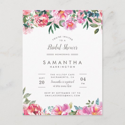 ピンクモダン牡丹フラワーズブライダルシャワー インビテーションポストカード (正面)