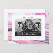 ピンクモダン白黒大理石の写真の日付を保存 案内ポストカード (正面/裏面)