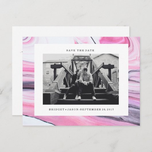 ピンクモダン白黒大理石の写真の日付を保存 案内ポストカード (正面/裏面)