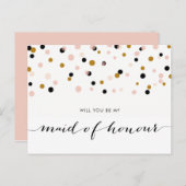 ピンクモダン紙吹雪がメイド・オブ・オーナー(花嫁付き添い人) インビテーションポストカード (正面/裏面)