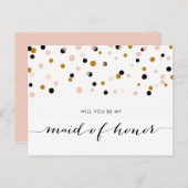 ピンクモダン紙吹雪がメイド・オブ・オーナー（花嫁付き添い人） インビテーションポストカード (正面/裏面)