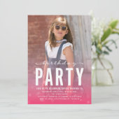 ピンクモダン紙吹雪Any Age Photo Birthdayパーティー 招待状 (スタンド正面)