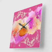 ピンクモダン紫オレンジ色金ゴールドアルコールインク渦巻き スクエア壁時計 (傾斜)