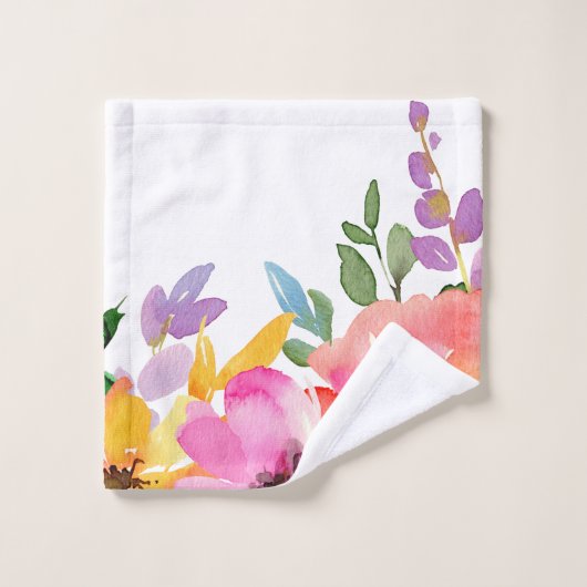 ピンクモダン紫色の花柄の水色 バスタオルセット (ウォッシュタオル)