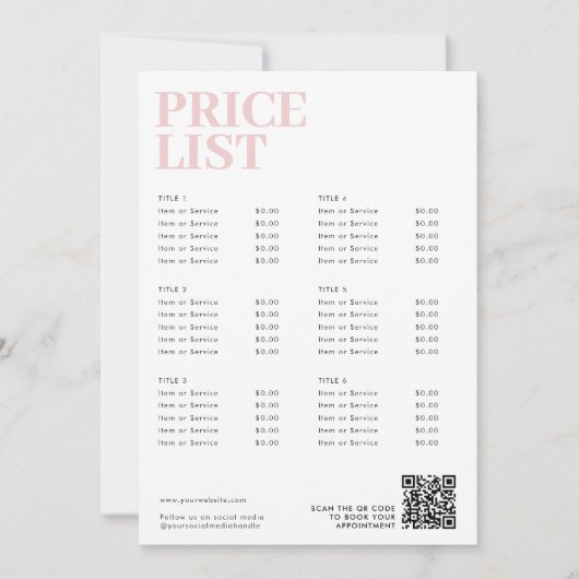 ピンクモダン美しい価格表メニュー小規模企業 (正面)