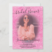 ピンクモダン色のグリッター写真ブライダルシャワー 招待状 (正面)
