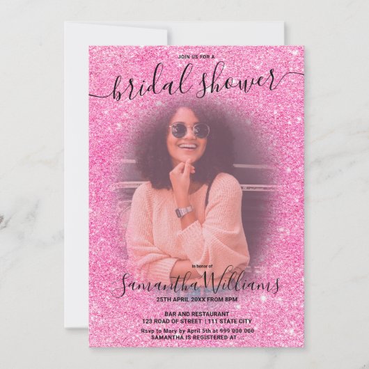 ピンクモダン色のグリッター写真ブライダルシャワー 招待状 (正面)