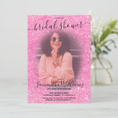 ピンクモダン色のグリッター写真ブライダルシャワー 招待状 (スタンド正面)
