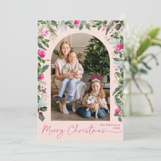 ピンクモダン色の葉アーチメリークリスマス1写真 シーズンカード (スタンド正面)