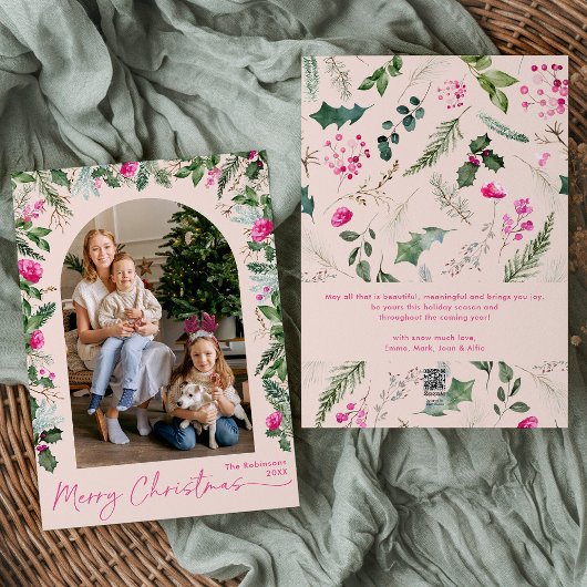 ピンクモダン色の葉アーチメリークリスマス1写真 シーズンカード