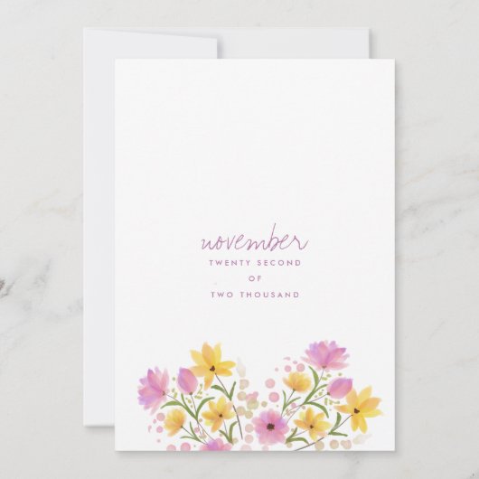 ピンクモダン色の黄色のフローラ結婚 招待状 (裏面)