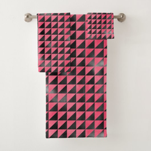 ピンクモダン色の黒いメタリック光沢のある幾何学的パターン バスタオルセット (インサイチュ)