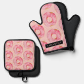 ピンクモダン色ドーナツ型名前付きパターン 鍋つかみ&鍋敷きセット (正面/裏面)