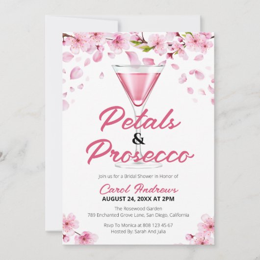 ピンクモダン花びら&プロセッコブライダルシャワー 招待状 (正面)