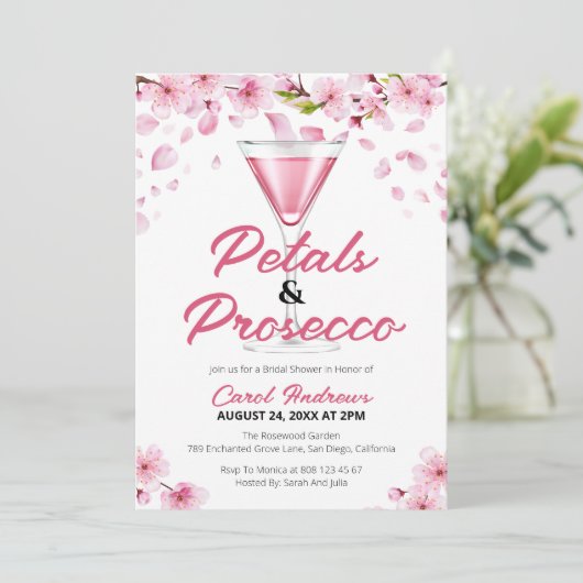 ピンクモダン花びら&プロセッコブライダルシャワー 招待状 (スタンド正面)