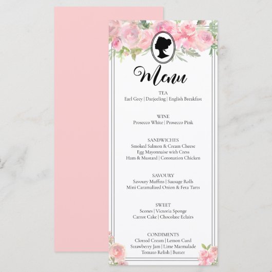ピンクモダン花模様ブリジェルトンブライダルシャワーメニュー メニュー (正面/裏面)