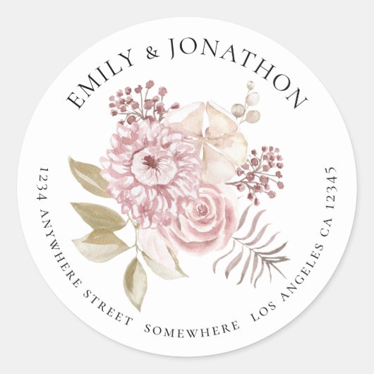 ピンクモダン花模様結婚の名前差出人住所 ラウンドシール (正面)
