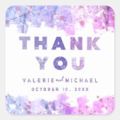 ピンクモダン芸術的とパープルが結婚ありがとう スクエアシール (正面)