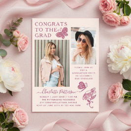 ピンクモダン蝶の写真卒業パーティー アクリル招待状