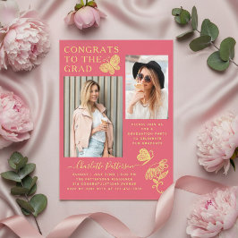 ピンクモダン蝶の写真卒業パーティー アクリル招待状