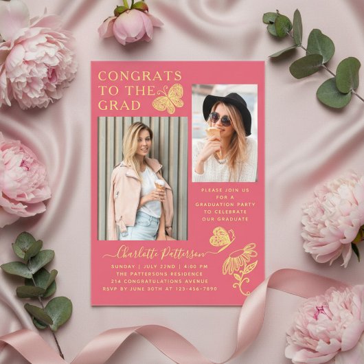 ピンクモダン蝶の写真卒業パーティー アクリル招待状