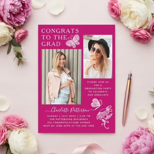 ピンクモダン蝶の写真卒業パーティー アクリル招待状