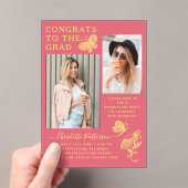 ピンクモダン蝶の写真卒業パーティー アクリル招待状 (インサイチュ (ポータブル))