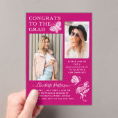 ピンクモダン蝶の写真卒業パーティー アクリル招待状 (インサイチュ (ポータブル))