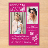 ピンクモダン蝶の写真卒業パーティー アクリル招待状 (正面)