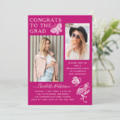 ピンクモダン蝶の写真卒業パーティー 招待状 (スタンド正面)