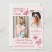 ピンクモダン蝶の写真卒業パーティー 招待状 (正面)