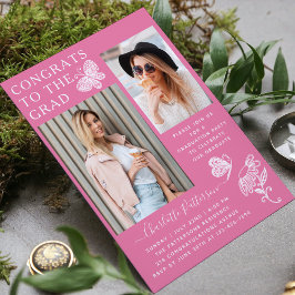 ピンクモダン蝶の写真卒業パーティー 招待状