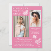 ピンクモダン蝶の写真卒業パーティー 招待状 (正面)