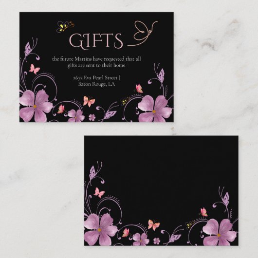 ピンクモダン蝶ブライダルシャワー エンクロージャーカード (正面/裏面)