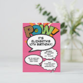 ピンクモダン誕生日パーティーおもしろい漫画帳 インビテーションポストカード (スタンド正面)