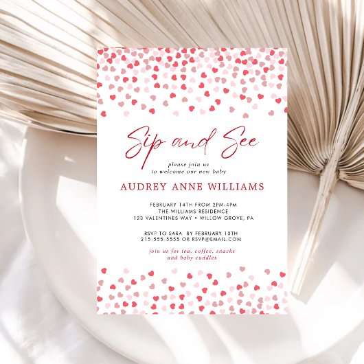 ピンクモダン赤いハートのSipとSee 招待状