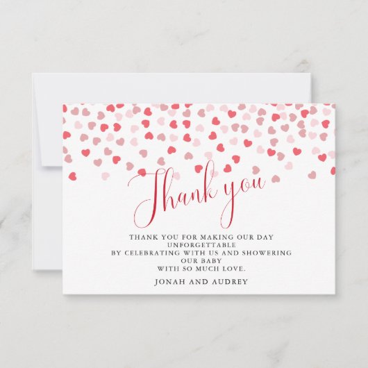ピンクモダン赤いハートベビーシャワー サンキューカード (正面)