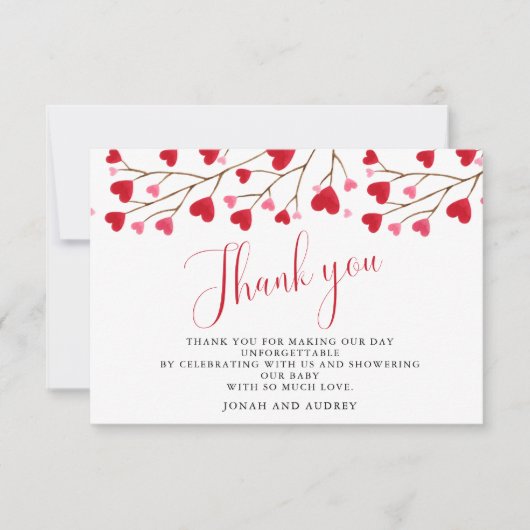 ピンクモダン赤いハートベビーシャワー サンキューカード (正面)
